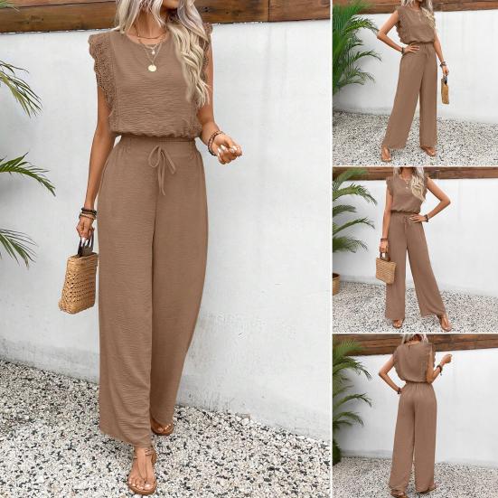 Women's Summer 2 Piece Outfit Hollow Lace Trim Sleeveless Tank Top And Wide Leg Pants Set Beach Travel Tracksuit Casual Lounge Set