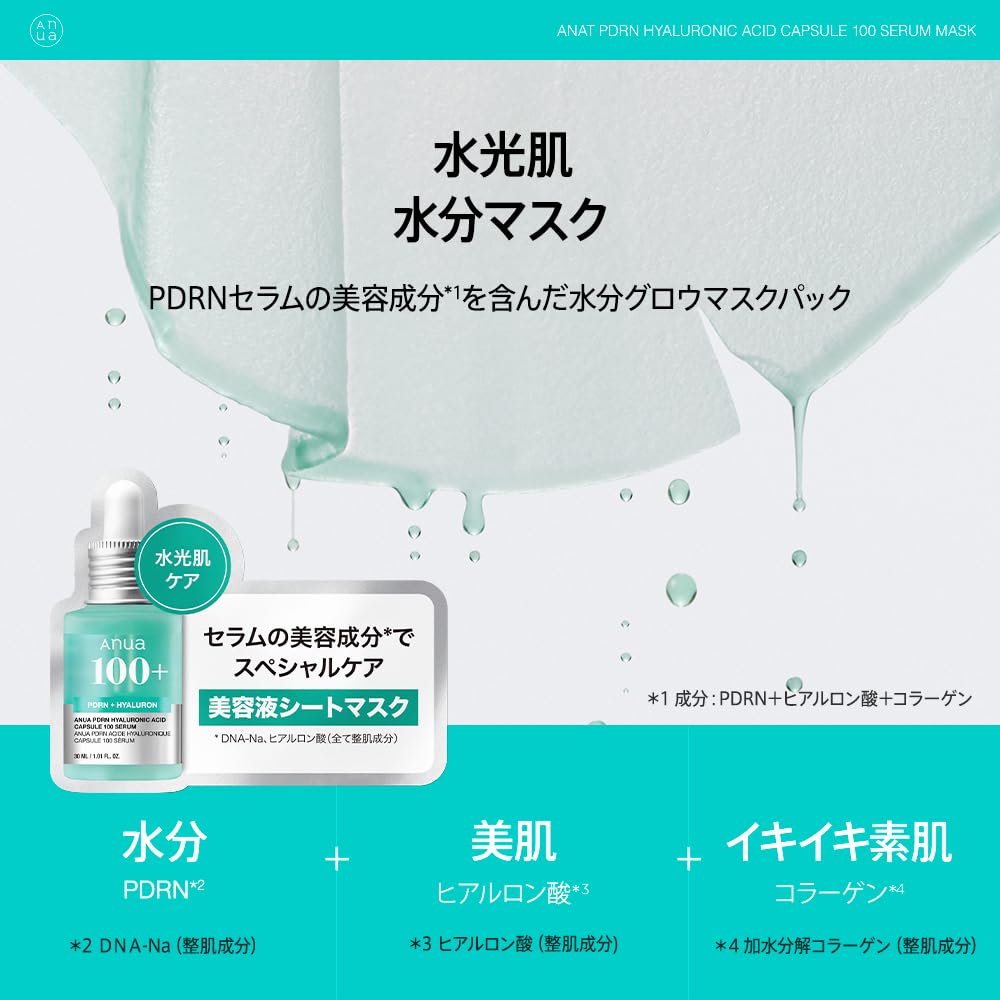 ANUA PDRN Hyaluronic Acid Serum Mask Pack (7 Sheets) - Hydrating & Moisturizing Face Mask for Dry/Combination Skin - Official Product