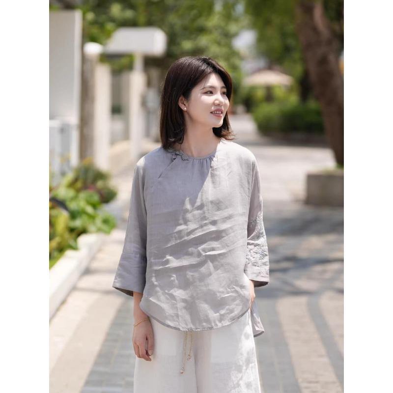 National Style Summer New Cotton and Linen Light and Breathable Shirt Top Sun Protection Embroidered Chinese Style Literary