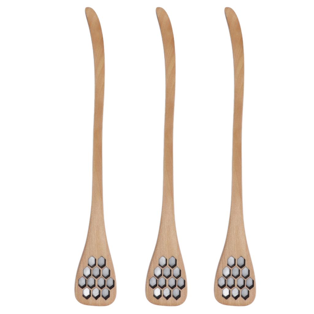3Pcs Honey Dipper Reusable Wooden Carving Honey Spoon Mixing Stick for Home Kitchen RestaurantWood Color