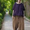 Women Purple Cotton T-Shirts Vintage Patchwork Pockets O-Neck Half Sleeve Summer Loose Soft T-Shirts