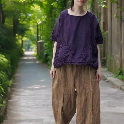 Women Purple Cotton T-Shirts Vintage Patchwork Pockets O-Neck Half Sleeve Summer Loose Soft T-Shirts