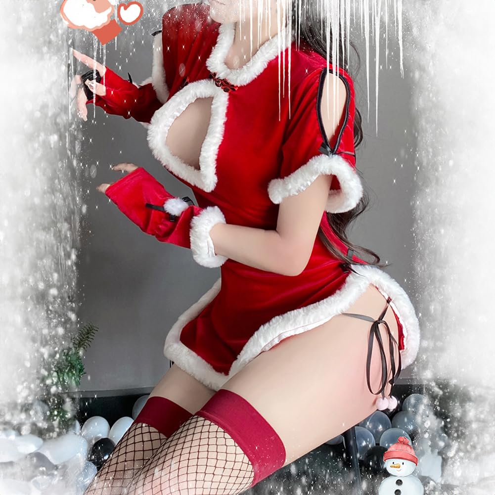 Sexy Cheongsam Christmas Santa Cosplay Dress with Mini Skirt and Erotic Extremely Appealing to with CXH609 [TYYRBMG] Babydoll, 5-Piece Set, Costume,