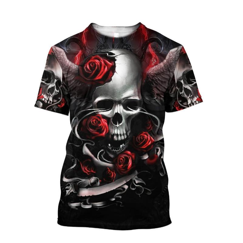 Fashion Men's Crew Neck Short Sleeve 3D Skull Color Printed Skull Short Sleeve Crew Neck T-Shirt