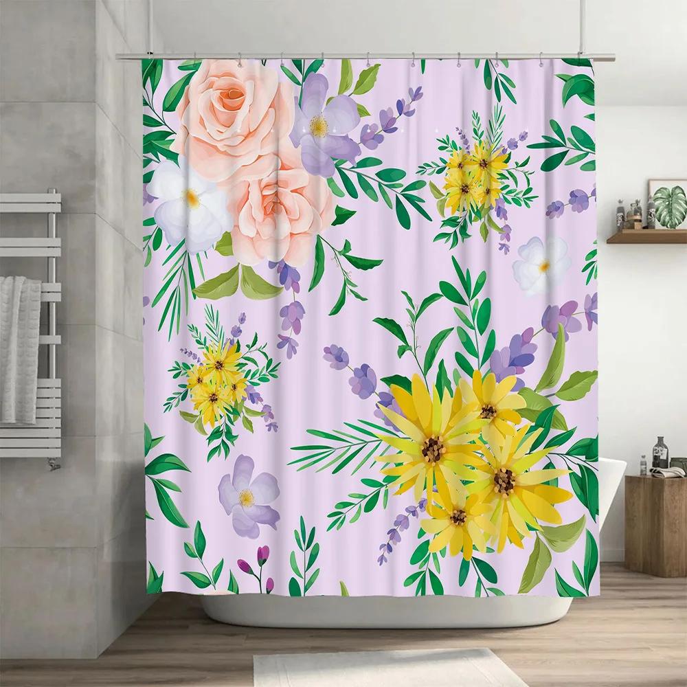 Beautiful Floral Shower CurtainLavender Pink with Yellow and Purple Flowers Waterproof Fabric for Bathroom Decorations