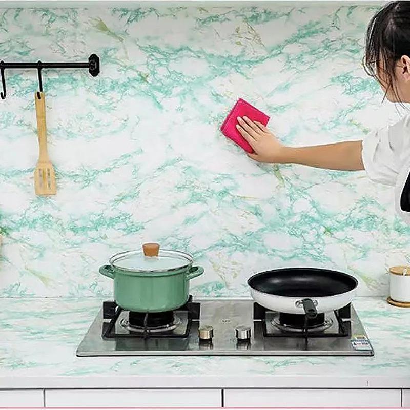 

PVC Self-Adhesive Green Marble Wallpaper Waterproof Oil Resistant Furniture Decoration Kitchen Cabinets Drawers Renovation Film 1m x 40cm