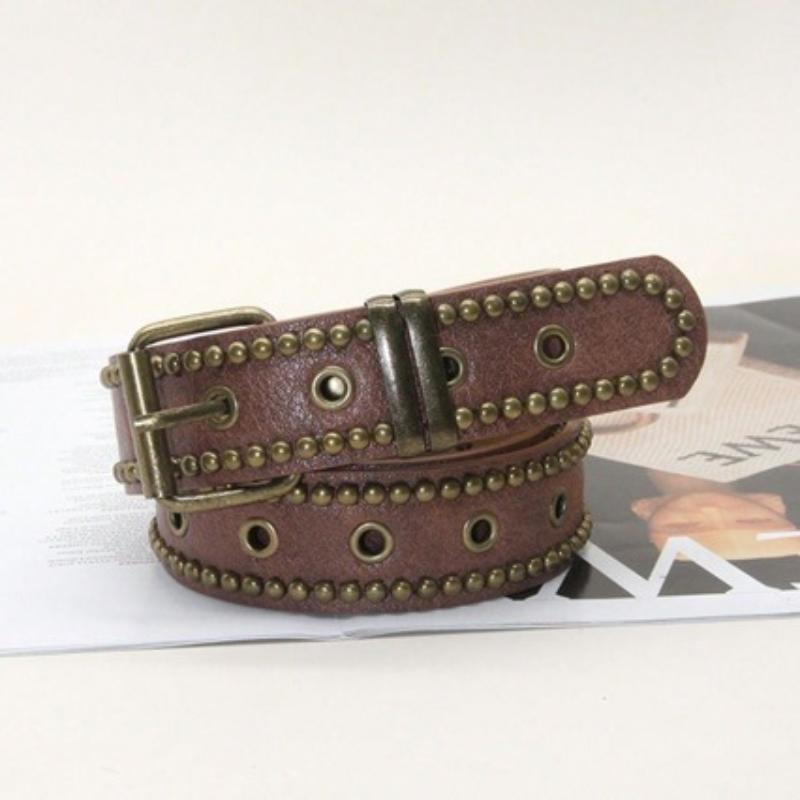 Vintage Pu Leather Belt With Rivet Studs Hollowed-Out Design Perfect For Daily Wear Jeans Casual Outfits