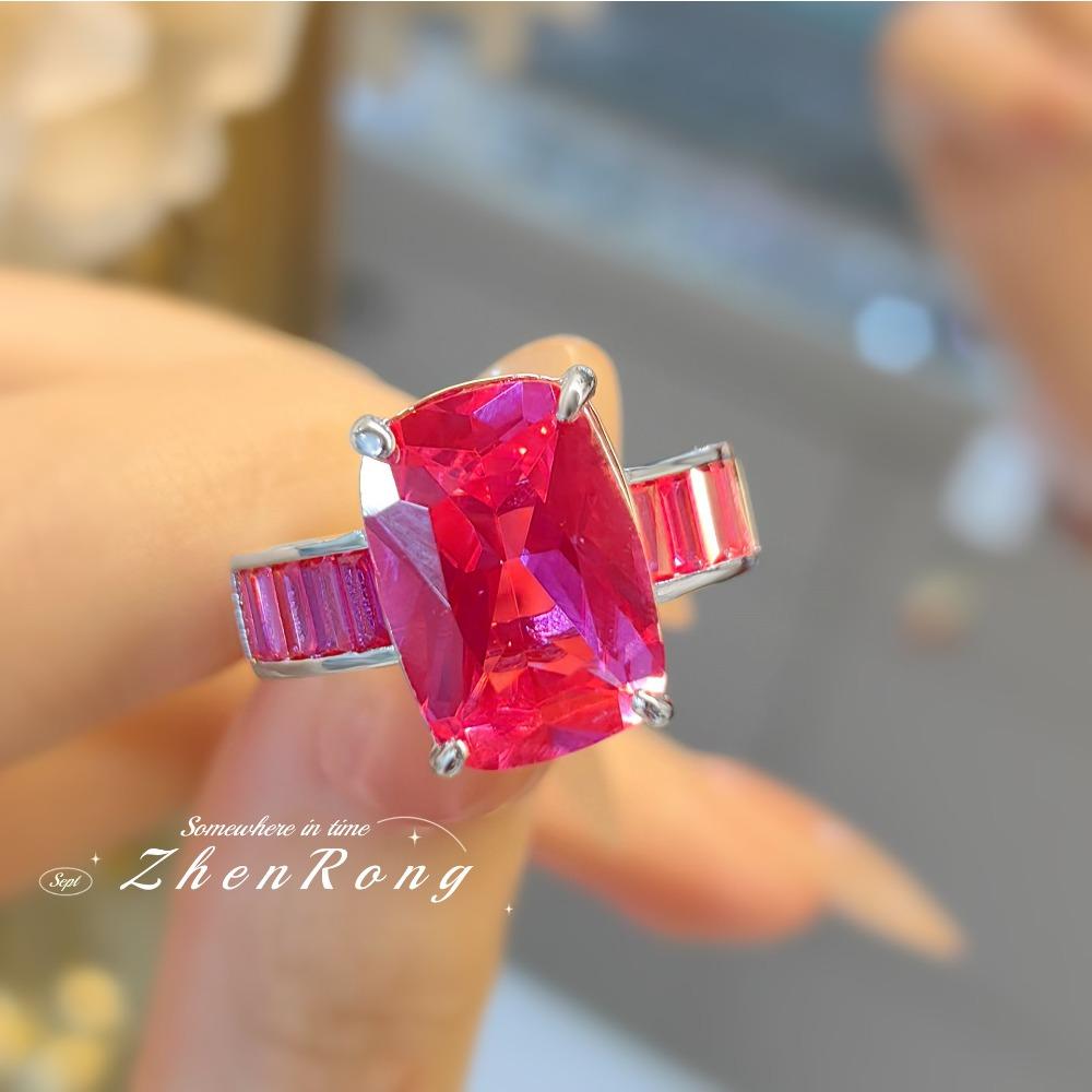 Vintage Open Ring Fat Rectangle Red Corundum Gradient High Carbon Blue Spinel Womens Jewelry