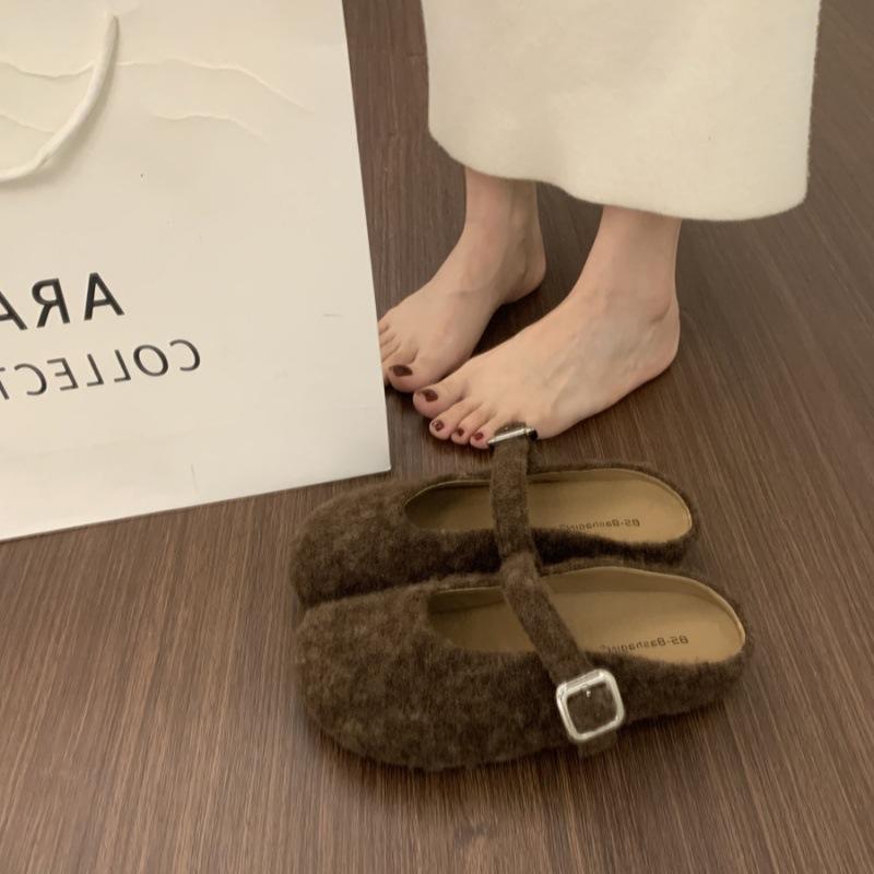 

Retro Evening Wind One-word Buckle with Mary Jane Baotou Half Slippers Women s Outdoor Casual Thick-soled Felt Boken Shoes 40 темно-коричневого кольору