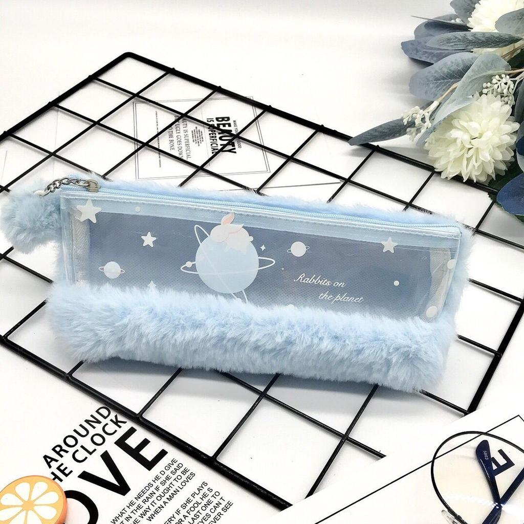 Minimalist Spliced Semi-transparent Pencil Case for Girls Rabbit Japanese-style Cute and Fashionable First-grade Fluffy Portable Stationery Storage