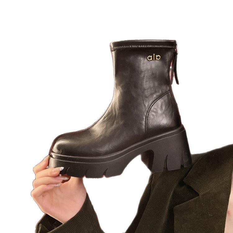 Dadong fashion boots women's shoes 2025 winter new casual thick heel rear zipper high heel round head Martin boots women