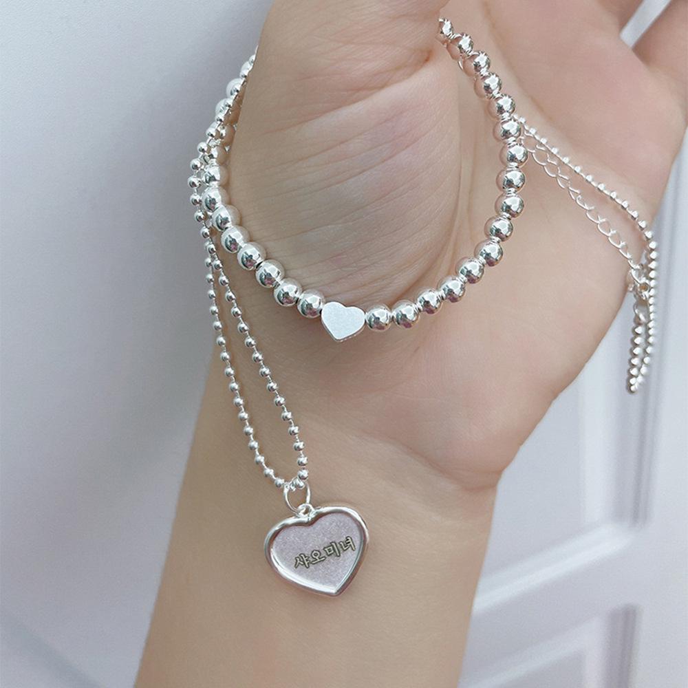 Silver Plated Heart Bead Elastic Bracelet - Unisex Jewelry