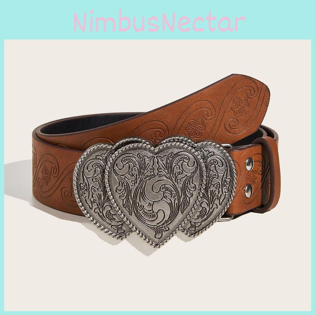 Fashionable Faux Leather Belt With Alloy Heart-shaped Buckle And Vintage Silver Double Heart Clasp Unisex Waistband