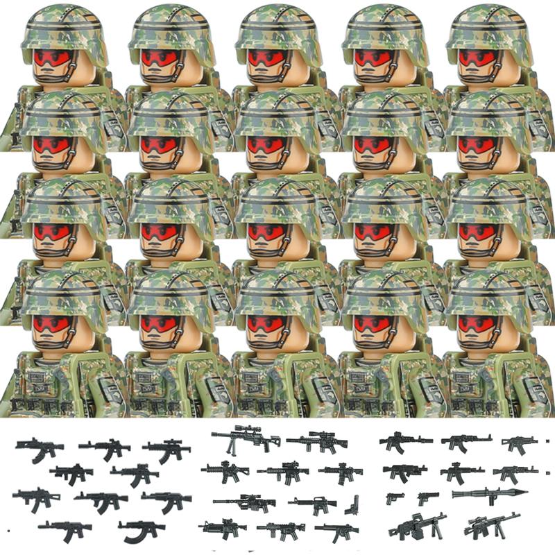 20PCS Military Army Figures Building Blocks SWAT Ghost Commando US Russia Special Forces Soldier Weapons Shield Belt Bricks Toys