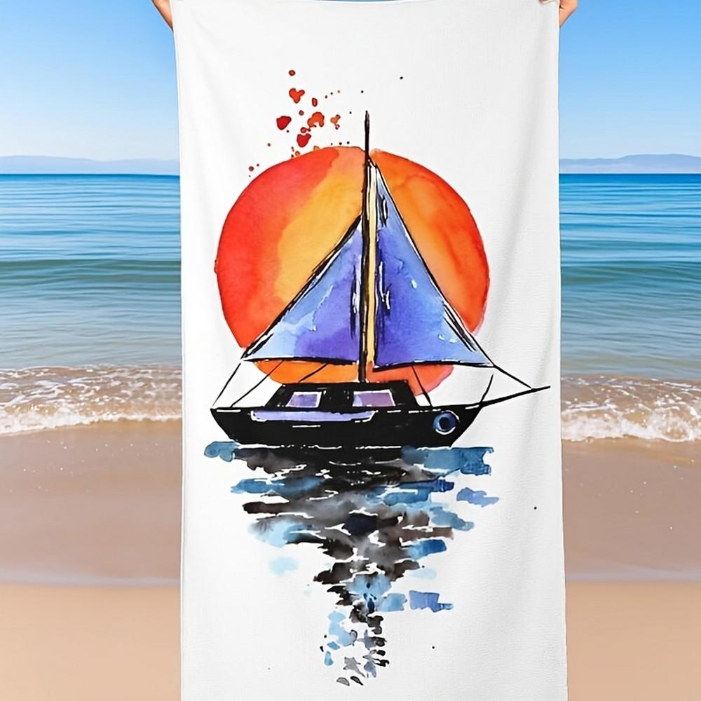 

Watercolor Sailboat Sunset Beach Towel Patterned Sunscreen And Windproof Suitable For Swimming Pool Camping Travel Blanket W40*H60(CM)