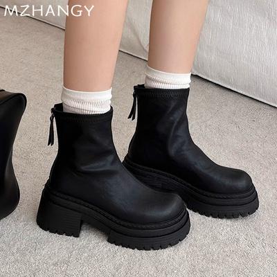 High Heels Chunky Damen Stiefeletten Mode Lederschuhe Frau 2024 Trend Pumps Winter Designer Kleid Walking Zapatos Weiblich
