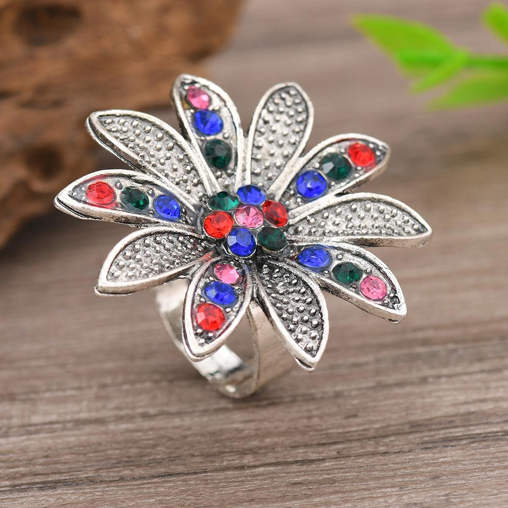 European Retro Silver-Plated Adjustable Ring with Colored Gemstones