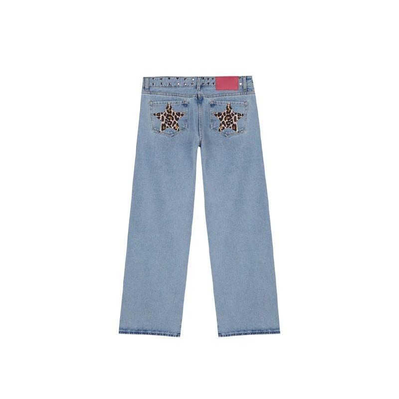 Vintage Star Print Denim Jeans Women Loose Straight Cut Streetwear Casual Pants