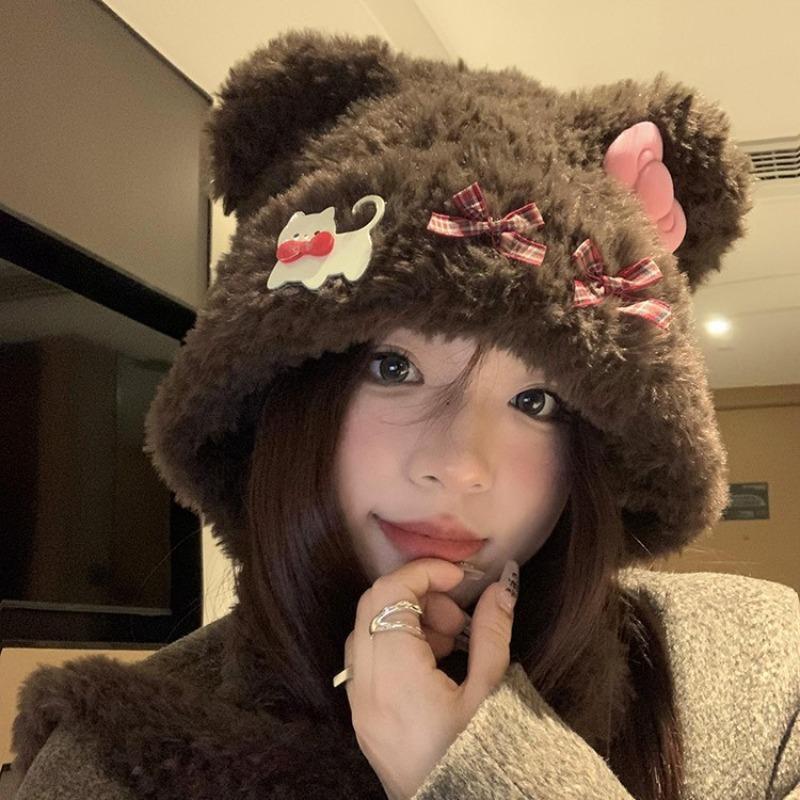 Niedliche Schleife Bär Katze Plüschmütze Damen Herbst und Winter Zeigt kleines Gesicht Warmer Ohrenschutz Großer Kopfumfang Hut