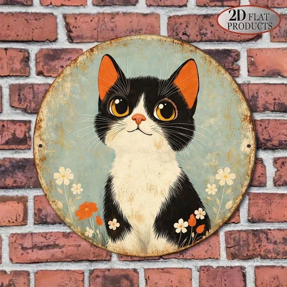 Vintage Black White Cat Floral Round Tin Sign 8x8in Cute Aesthetic Wall Art For Cafe Bar Bedroom Home Decor