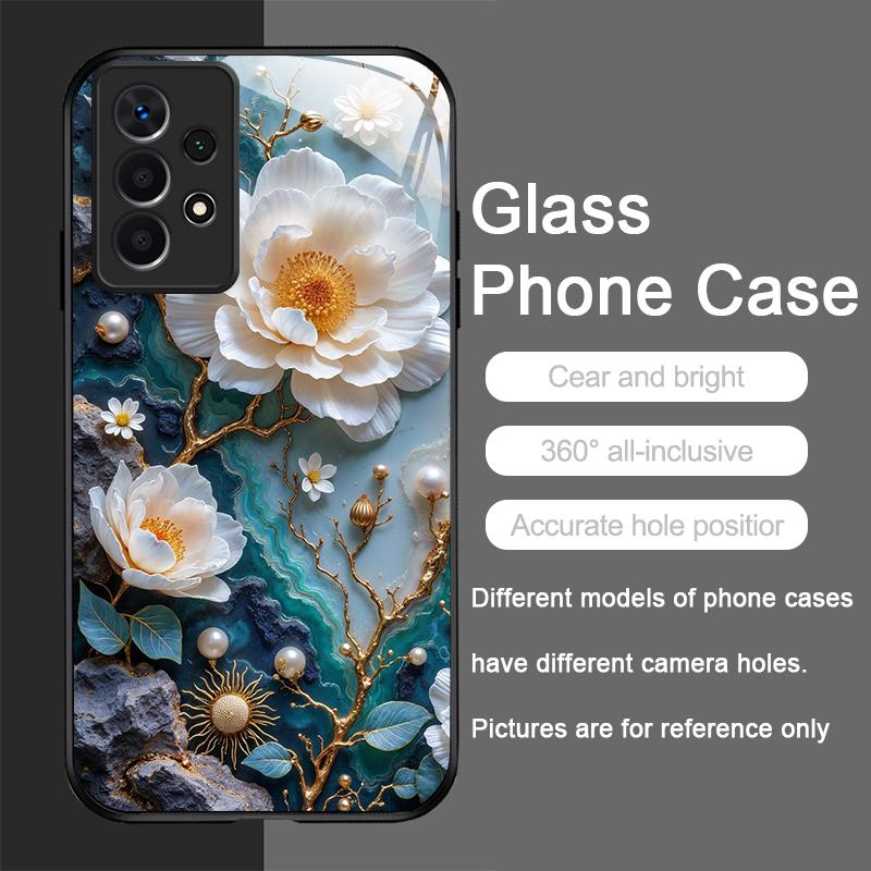 White Camellia Flower Marble Texture Tempered Glass Phone Case for Samsung Galaxy S26 S25 Ultra S24 S23 Plus S22+ S21 FE Covers