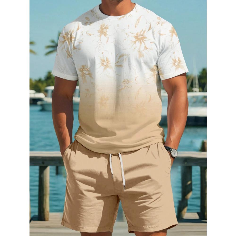 Men's Short Sleeve and Shorts Set Gradient Color Printed T-shirt Drawstring Shorts Beach Short Sleeve Top Shorts Two Piece Set