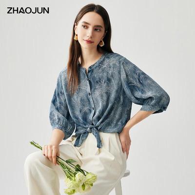 Zhaojun Women's Printed Mulberry Silk Blend Mid-Sleeve Blouse