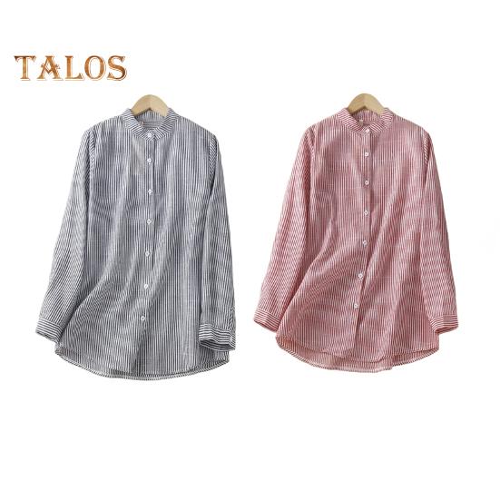 Damen Bluse mit Stehkragen, Langarm, Einreiher, Oberteile, vertikal gestreifter Druck, lockere Passform, Bürodamenbluse