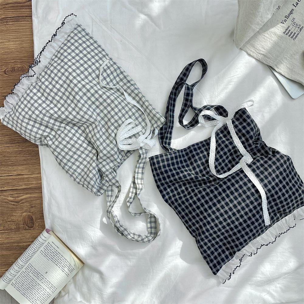Retro Lace Bow Women's Shoulder Bag Large Capacity Girls Plaid Travel Tote Shopping Bag Commuter Female Handbags Portable Purse