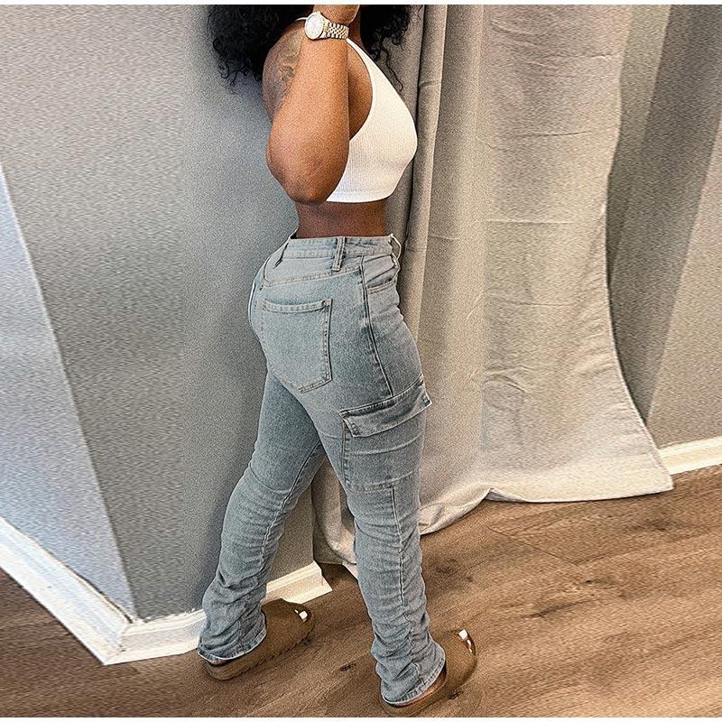 Mode Plissee Bleistiftjeans Mittelhoch Damen Seitentaschen Patchwork Denimhose Damen Slim Fit Pendlerhose Trend Streetwear
