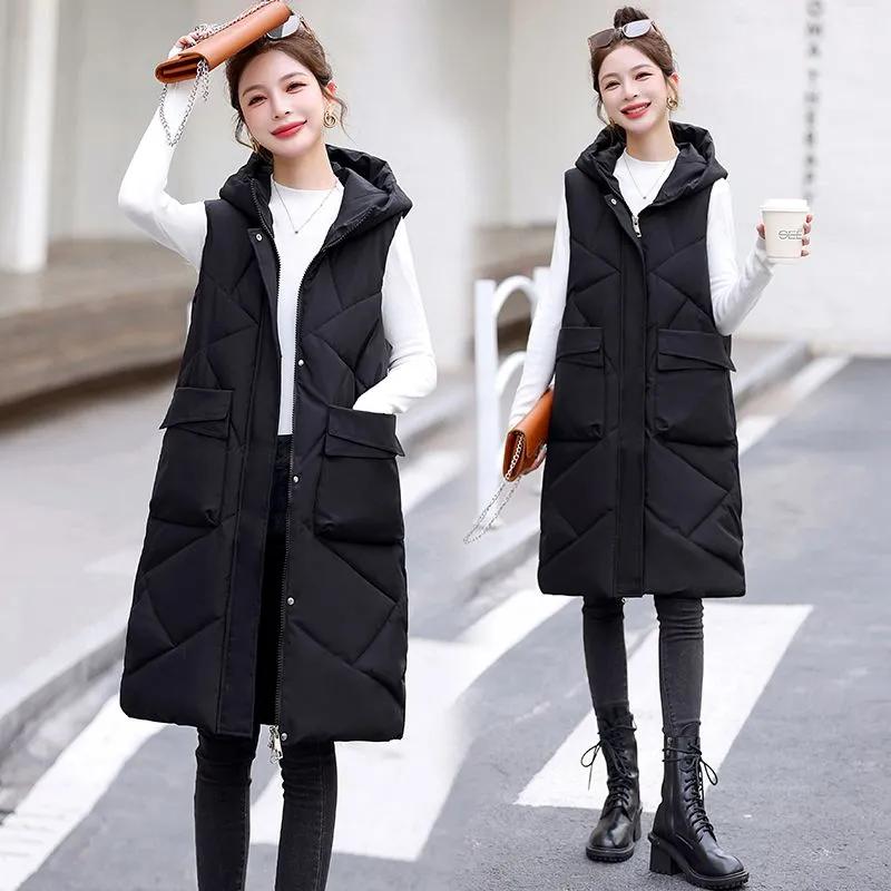 Kvinner høst og vinter koreansk temperament dunvest i bomull i lang seksjon Ermeløs varm jakke