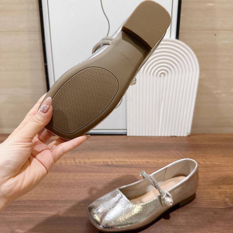 New Style Silvery Women Square Toe Mary Jane Shoes Casual Outdoor Soft Sole Flat Spring Autumn Wedding Party Shoes Zapatos Mujer