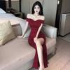 Solid Color Celebrity Style One-word Shoulder Dress High-end Temperament Dress Dress French Waist Split Long Dress Women's Summer