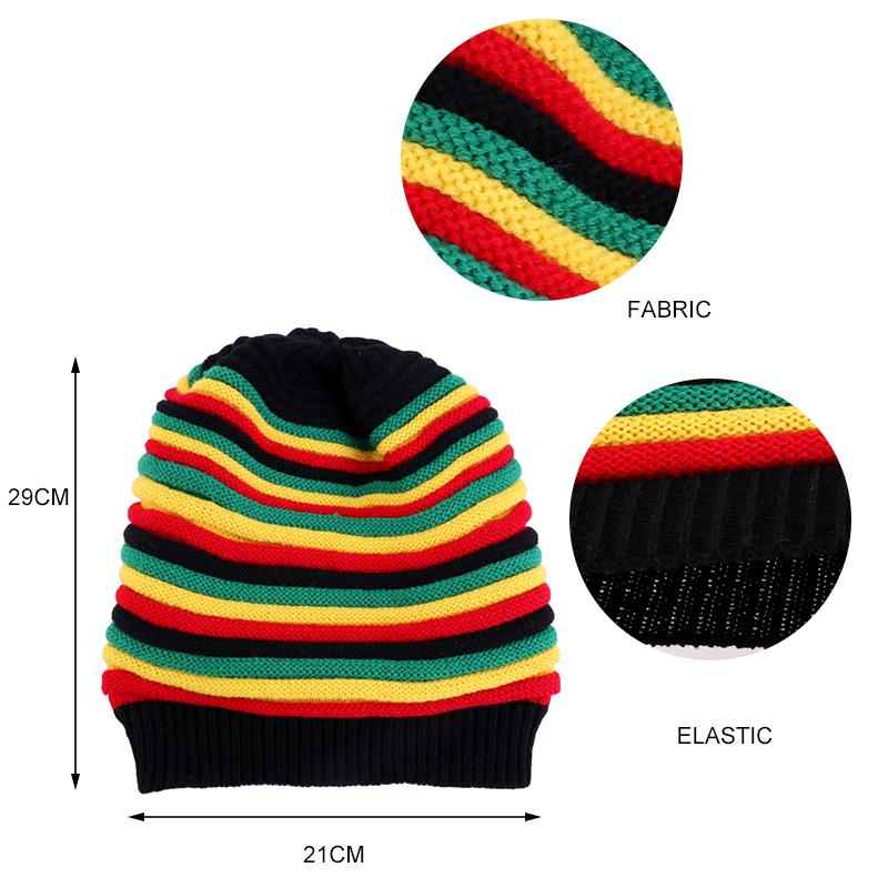 New Unisex Knitted Beanie CapJamaica Rainbow Striped Beanies Hats Winter Warm Hip Hop Punk Reggae Skull Hat Rasta Style Gorro