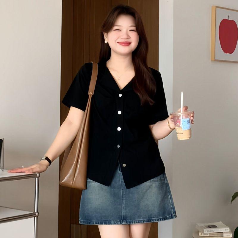Slightly Chubby Meow Meow Plus-Size Summer Outfit for Chubby Girls, Super Slimming and Stylish, Tummy-Concealing, Regular Shoulder Design T-Shirt 3600 Black L