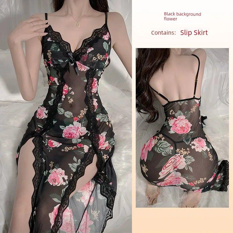

2025 New Sexy Transparent Tempting French Mesh Nightdress/Deep V Lace Split Suspender Skirt Private Home Clothes Black Net green leaf L