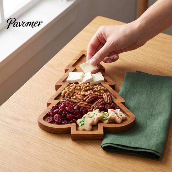 Solid Wood Appetizer Platter Christmas Tree And Elk Serving Tray, Durable Partitioned Wooden for Guests Food Platter, Decorative Dinnerware