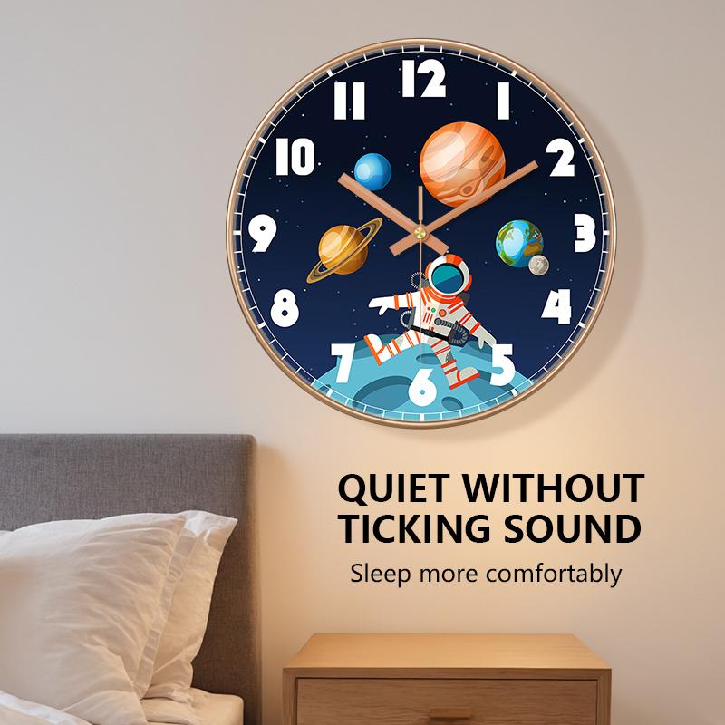 Silent Non-Ticking Wall Clock Astronaut Planets Design Rose Golden/Black Frame Clock for Boys Bedroom Nursery Classroom Decor