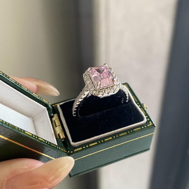 S925 Sterling Silver Pink Square Gemstone Ring for Women - 2 Carat with High-Carbon Cubic Zirconia.