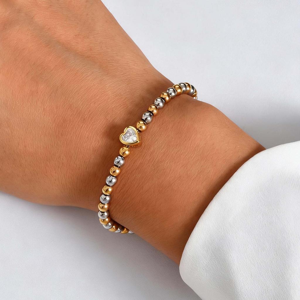 Chic Heart Zircon Beaded Chain Bracelet for Women Girls,Gold Plated Stainless Steel Waterproof Bracelets,Exquisite Daily Jewelry