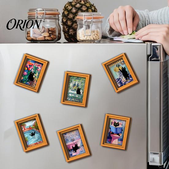 Cat Pattern Magnet Decor Oil Painting Refrigerator Magnet, Wooden Frame Black Decorative Fridge Magnets Theme Retro Rectangle Magnetic Decoration