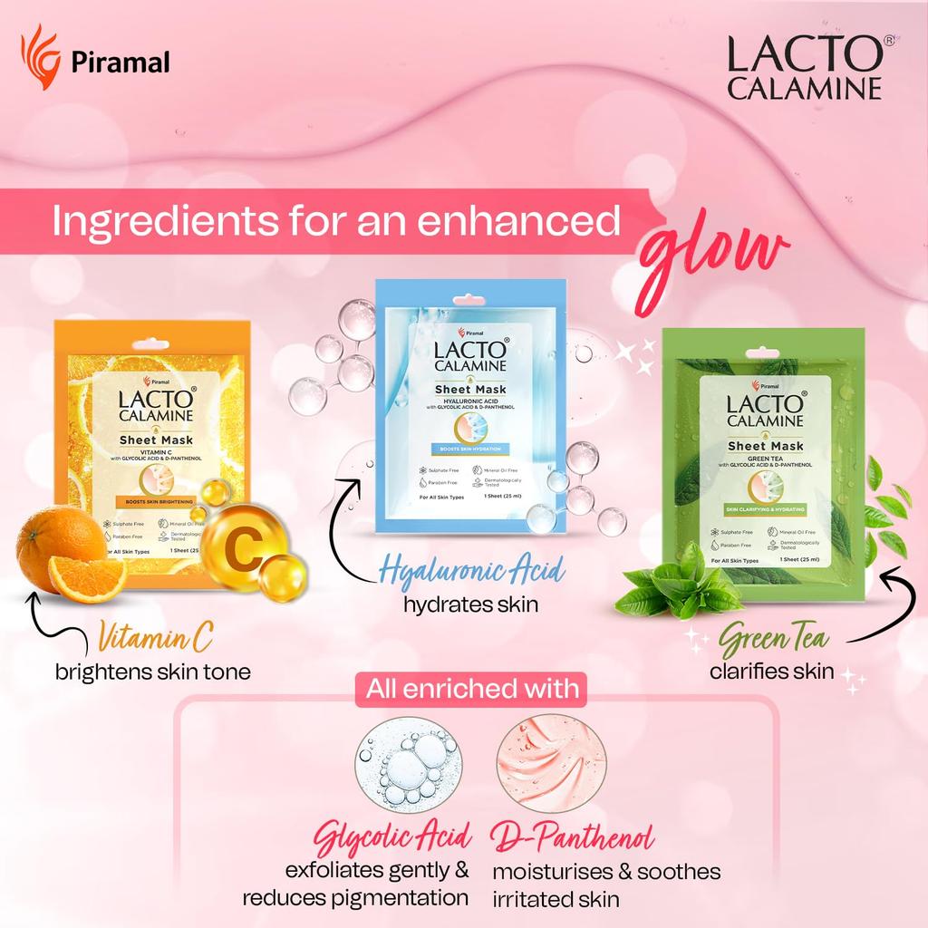 Lacto Calamine Face Sheet Mask Combo Pack of 6 | Vitamin C, Hyaluronic Acid & Green Tea | Brightening Hydrating Clarifying 25mx6