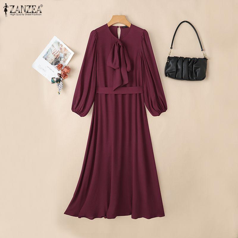 ZANZEA Muslim Women Casual Round Neck Loose Long Sleeve Dress