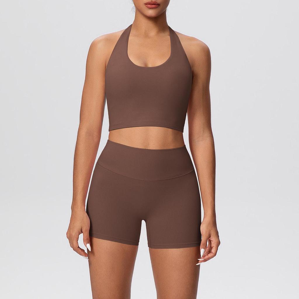 European & American Halter Sports Bra and High Waist Yoga Shorts Set for Women