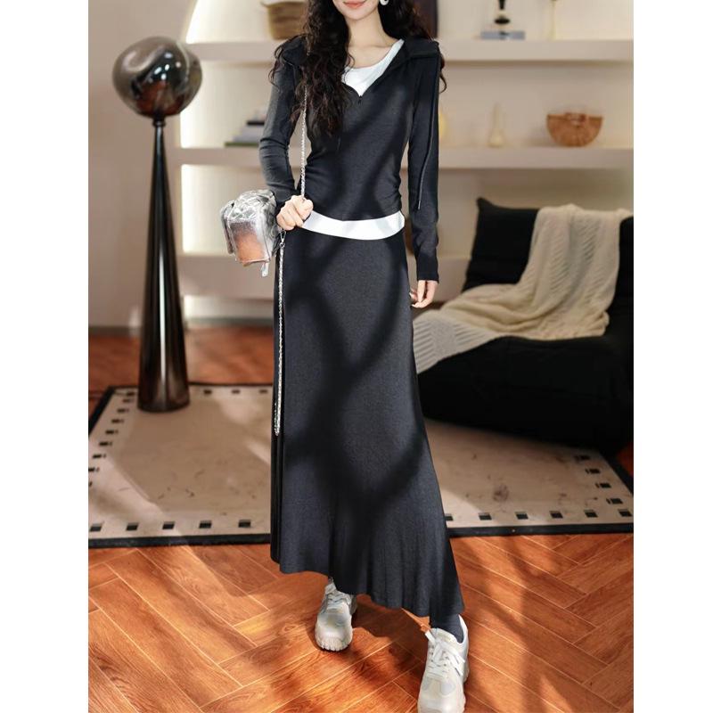 

Korean Style Elegant Hoodie Dress Set - Early Spring, Slim-Fit, Long Sleeve, Trendy Two-Tone Design Small