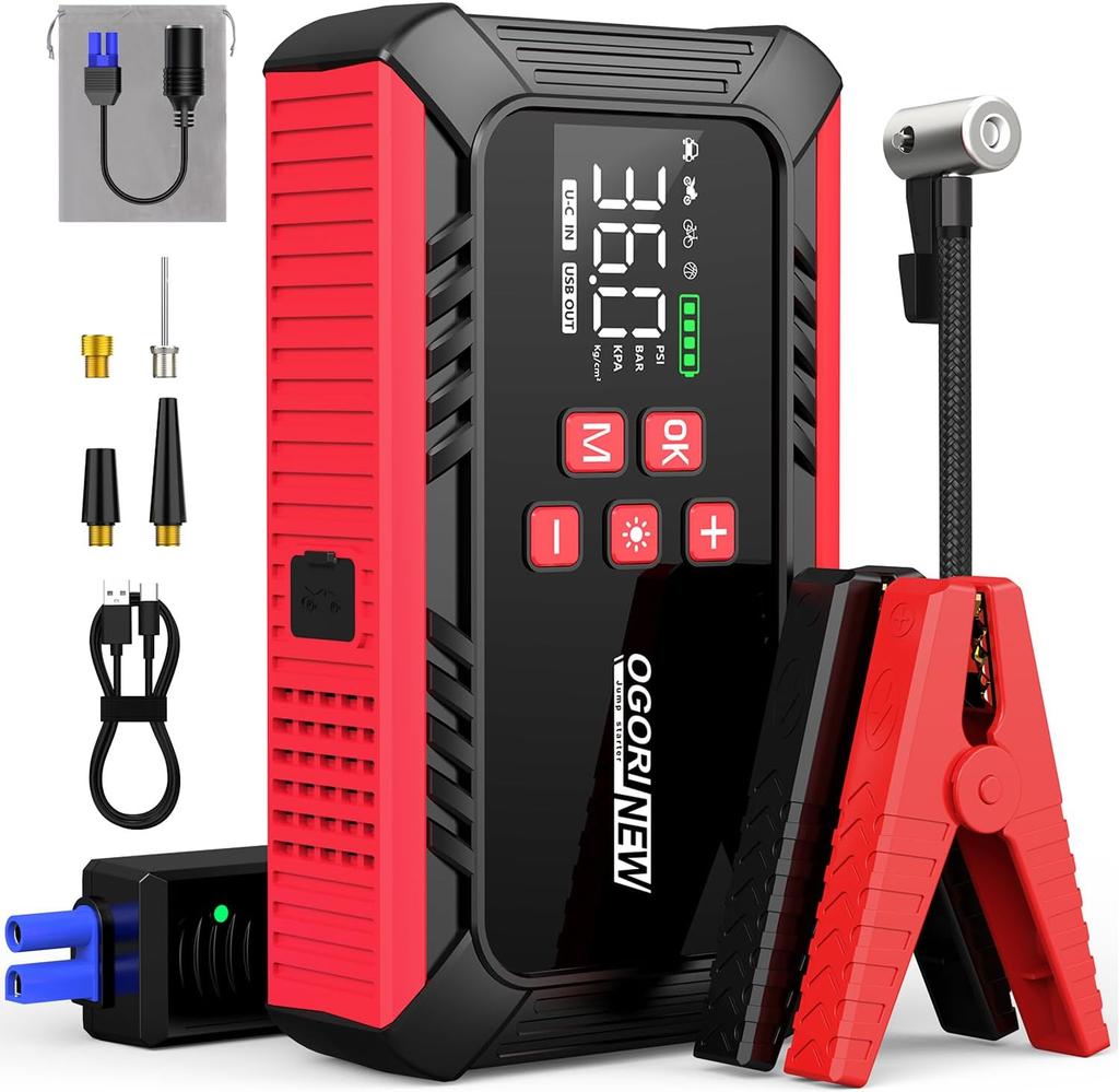 8000A Jump Starter with Air Compressor, 26800mAh Car Battery Booster, 150PSI Tire Inflator, 12V Jump Box, Jumper Cables, Cigaret