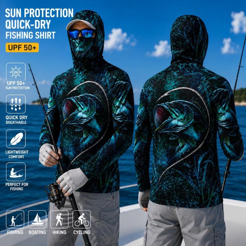 UPF 50+ Fishing Hoodie – Lightweight Sun Protection, Quick Dry Breathable Hooded Shirt for Bass Fishing & Outdoor Sport