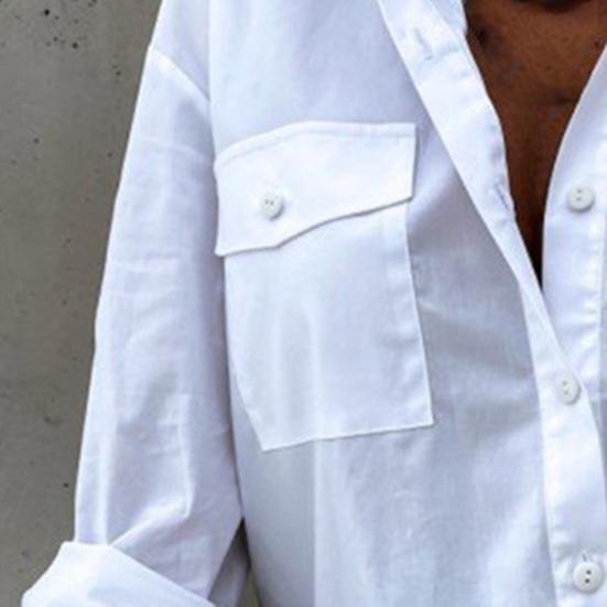 Umlegekragen Einreiher Langarm Klappentaschen Damenhemd High-Low Saum Seitenschlitz Locker geschnittenes Hemd Damenbekleidung