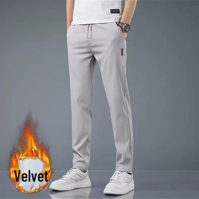 Black Label Plus Men's Slim Fit Fleece Pants - Autumn/Winter Korean Style Large Size Straight Business Casual Trousers