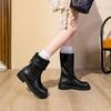 Botas Femininas de Salto Grosso Meio da Panturrilha Solado Grosso Bico Redondo Pregueadas Couro Macio Aumentadoras de Altura Acima do Joelho de Cano Reto Botas de Equitação